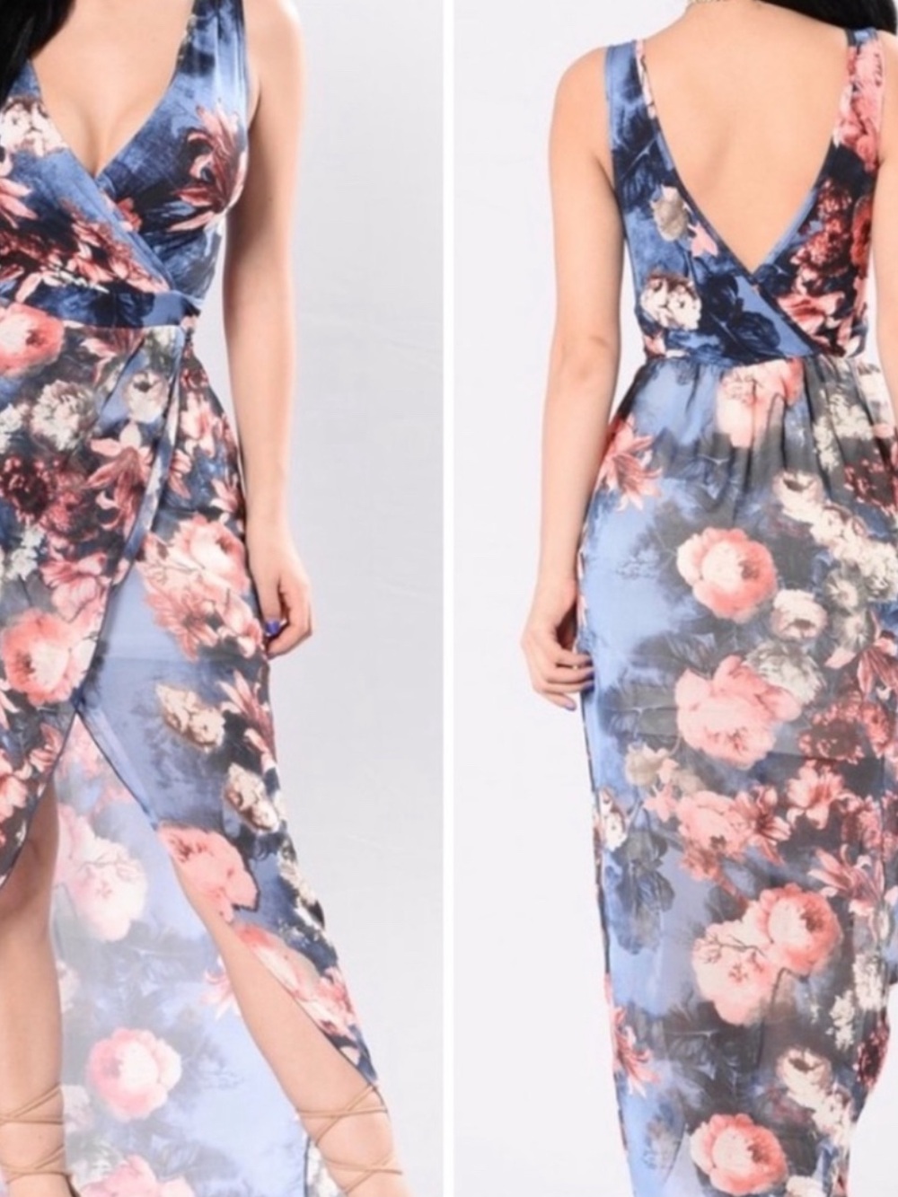 Fashion Nova Blue Floral Wrap Maxi Dress